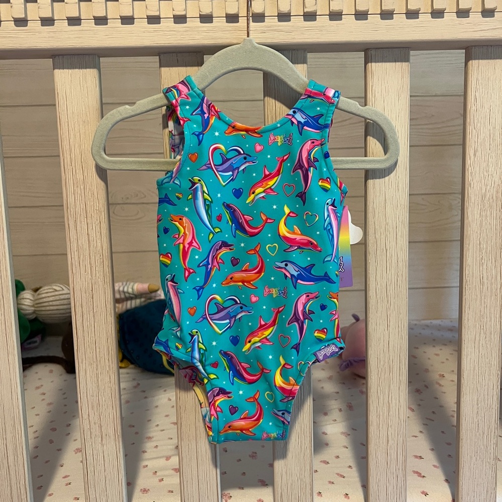 NWT Posh Peanut x Lisa Frank Dancing Dolphin Reversible Swimsuit 18-24 mos